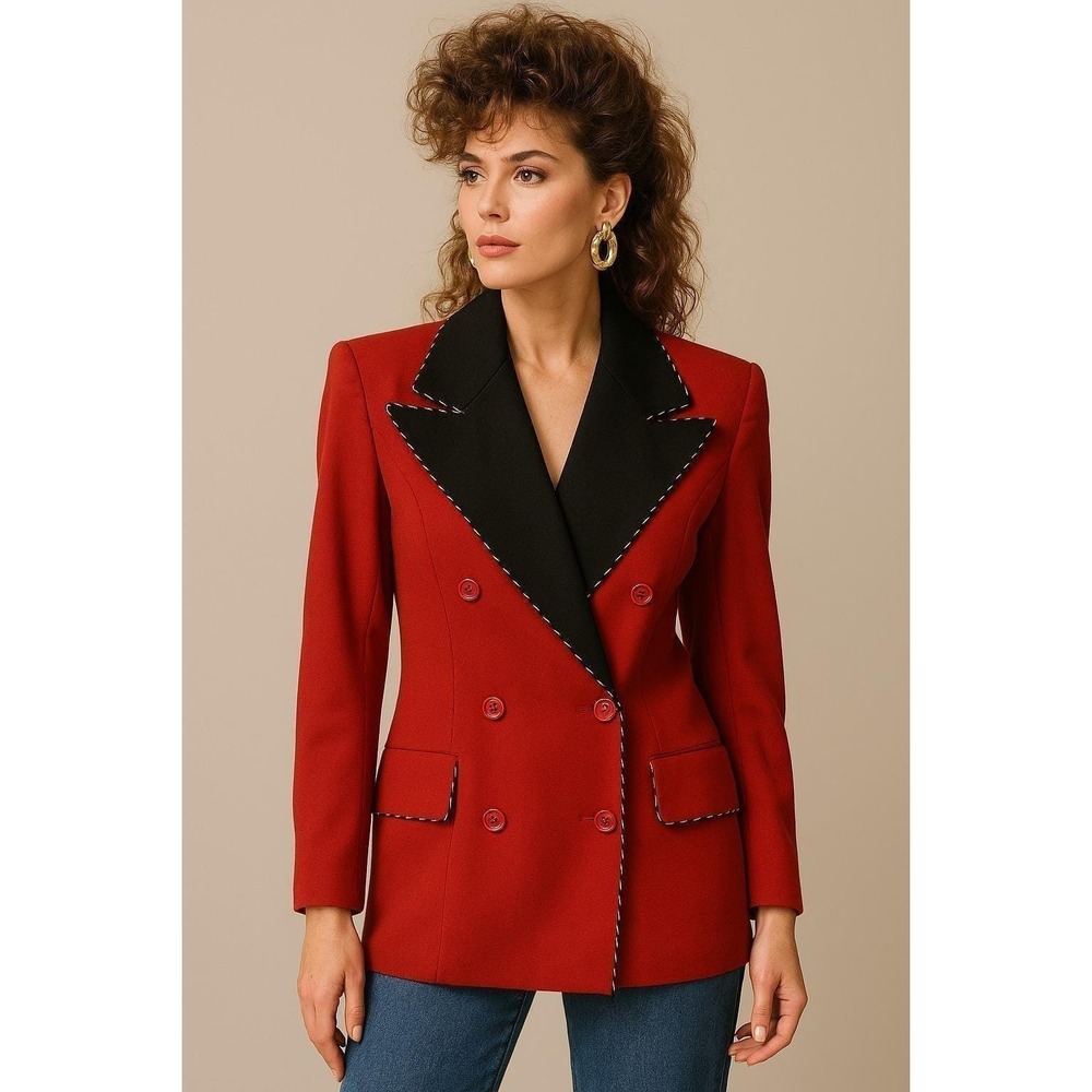 Vtg Myrene de Premonvile Womens Jacket Blazer 38 Red Black Wool‎ 80s Maximalist